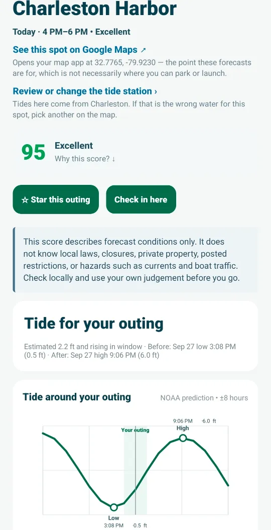 An outing page with the score and a tide chart